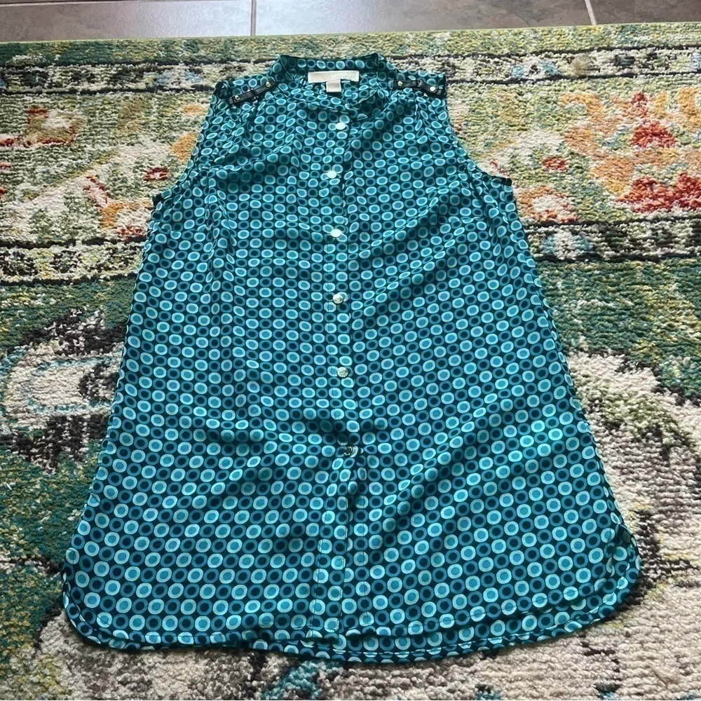 Michael Kors XS Teal Geometric Sleeveless Button-Down Tunic Blouse
